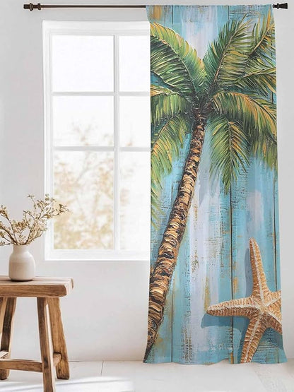 Sheer Curtains 108 Inches Long, Coastal Beach Tree Semi Sheer Curtains Light Filtering Window Treatment, Summer Tropical Starfish Wood Grain Privacy Voile Drapes for Living Room Bedroom 52x108 Inch