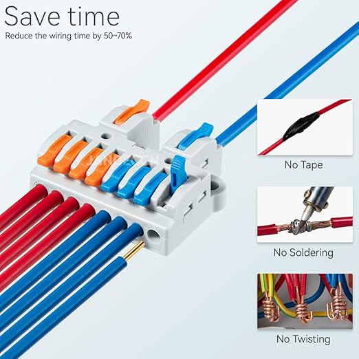 6pcs DIN Rail Terminal Blocks, DIY Splicing Wire Connectors for Circuit Inline 28-12AWG (2 in 8 Out)