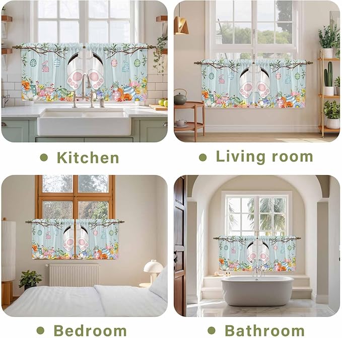 Easter Bunny Kitchen Tier Curtains 24 Inch Long 2 Panel Set,Rod Pocket Cafe Small Window Curtains Over Sink,Easter Eggs Spring Farmhouse Wood Grain Teal Blue Light Filtering Short Drapes 27.5"W x 24"L