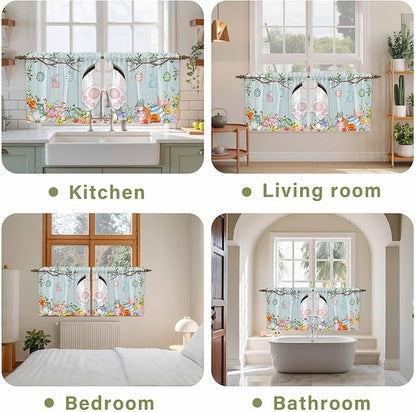 Easter Bunny Kitchen Tier Curtains 24 Inch Long 2 Panel Set,Rod Pocket Cafe Small Window Curtains Over Sink,Easter Eggs Spring Farmhouse Wood Grain Teal Blue Light Filtering Short Drapes 27.5"W x 24"L