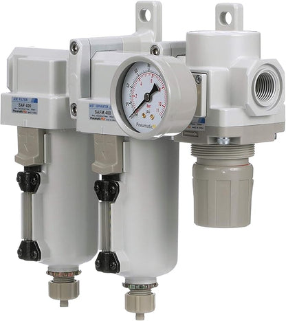 PneumaticPlus SAU430-N06G-MEP Three Stage Air Drying System Particulate Air Filter, Coalescing Filter, Air Pressure Regulator Combo 3/4" NPT - Metal Bowl, Manual Drain, Bracket, Gauge