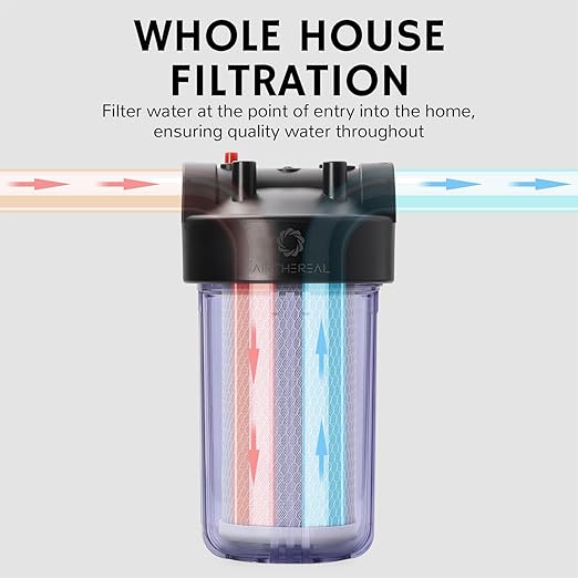 Airthereal Whole House Water Filter Housing, 10" x 4.5" Sediment Carbon Cartridge Universal Housing, Pre-Filtration System for Well and City Water with 1" NPT Port (Clear Housing)