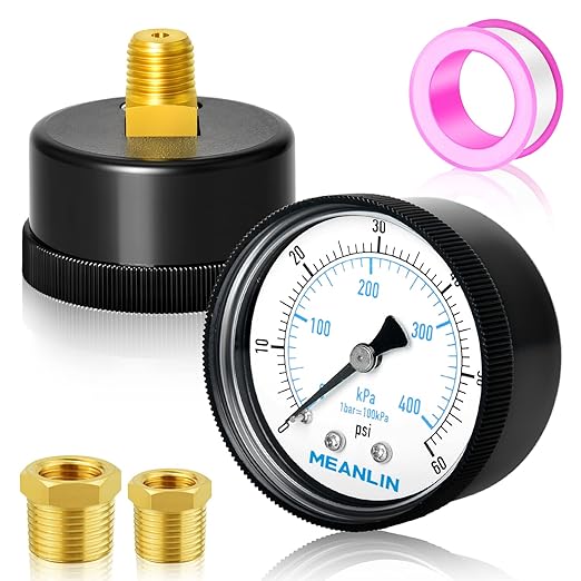 MEANLIN MEASURE 1/4" NPT 0-60Psi Swimming Pool Water Pressure Gauge 2" FACE DIAL, Center Back Mount, with 1/2" NPT and 3/8" NPT Hex Bushing