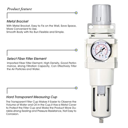 TAILONZ PNEUMATIC 3/4 Inch NPT Manual Drainage Air Filter Pressure Regulator Combo Piggyback, Air Tool Compressor Filter with Gauge AW4000-06