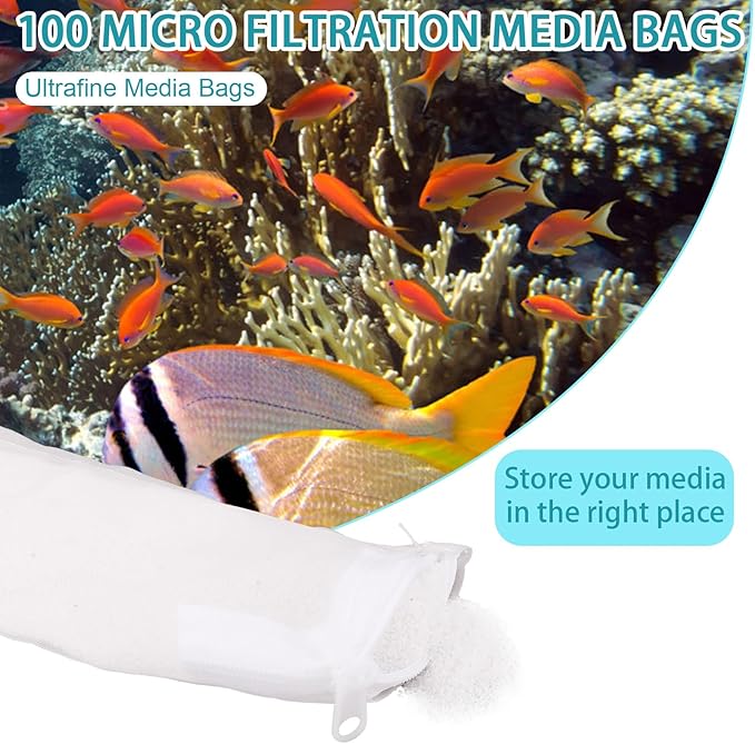 BOXOB 10pcs Aquarium Filter Media Bags, 100 Micron Extra Fine Media Filter Small Mesh Bags Purigen Sock for Fish Tank with Plastic Zipper for Activated Carbon Resin (7.9x3 Inch)