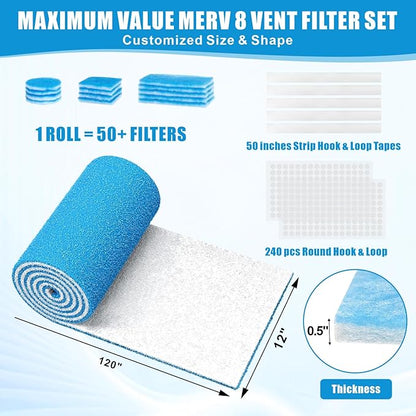 Air Vent Filters Roll, 120" x 12" Cut to Fit Air Filter Material (50+ Filters), MERV 8 Triple Vent Filter for Home Floor, HVAC Furnace Vents, Ceiling, with Adhesive Hook Tape and Installation Tape