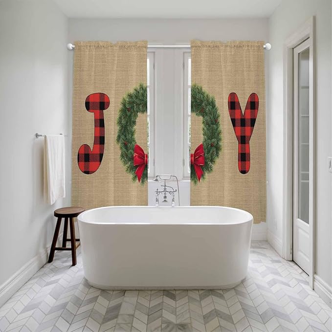 Red Green Christmas Window Curtains 72 Inch Long 2 Panel Set, Rod Pocket Long Curtains & Drapes, Xmas Botanical Winter Farmhouse Light Filtering Window Treatment for Bedroom Living Room 52"W x 72"L