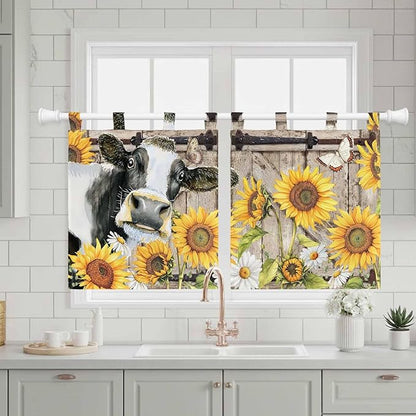 Retro Farmhouse Flower Kitchen Curtains 36 Inch Length, Small Window Curtains Tab Top, Yellow Sunflowers Cow Barn Doors Brown Light Filtering Short Window Treatments Tier Drapes 27.5"x36" 2 Panel