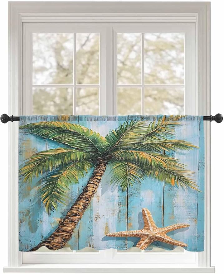 Sheer Curtains 54 Inch Length, Coastal Beach Tree Semi Sheer Curtains Light Filtering Window Treatment, Summer Tropical Starfish Wood Grain Privacy Voile Drapes for Living Room Bedroom 52x54 Inch