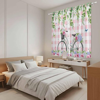 Spring Kitchen Curtains, Bicycles Leaves Butterfly Flowers Pink Buffalo Plaid Light Filtering Window Curtain Panels, 2Pcs Rod Pocket Window Treatments Set for Living Room Bathroom Bedroom 42x63 Inches