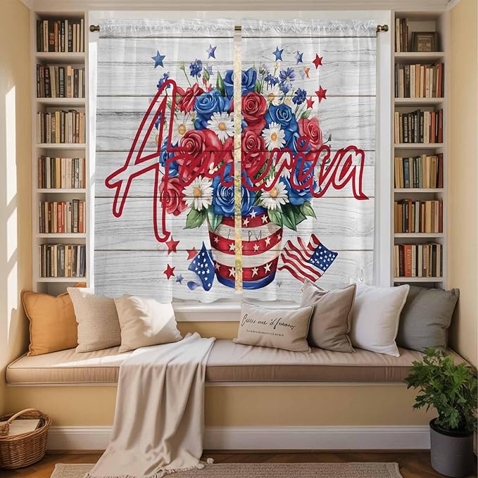 Independence Day Window Curtains 63 Inch Long 2 Panel Set, Rod Pocket Bedroom Curtains & Drapes, 4 of July Rose Wooden Grain Vintage Light Filtering Window Treatment for Living Room 42"W x 63"L