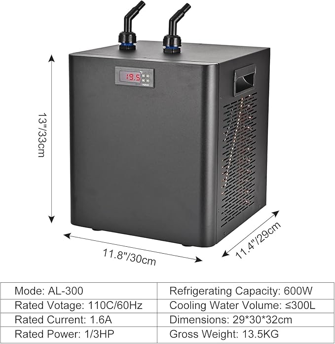 Water Chiller for Cold Plunge 79 Gal, 1/3 HP Aquarium Chiller, Cooling System with Quiet Pump and 3M Pipe for Fish Tank, Hydroponics, Freshwater Saltwater Fish, Coral, Shrimp, Jellyfish, 110V, 300ml