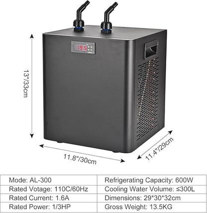 Water Chiller for Cold Plunge 79 Gal, 1/3 HP Aquarium Chiller, Cooling System with Quiet Pump and 3M Pipe for Fish Tank, Hydroponics, Freshwater Saltwater Fish, Coral, Shrimp, Jellyfish, 110V, 300ml
