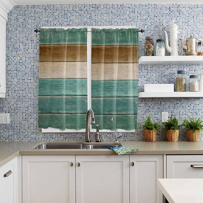 Vintage Plank Turquoise Brown Window Valance Curtains, Farmhouse Wood Grain Light Filtering Kitchen Valance with 3-inch Rod Pocket for Living Room Bathroom Bedroom,2 Panel,42x63In