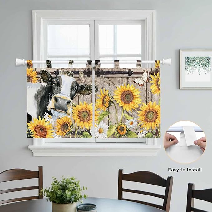 Retro Farmhouse Flower Kitchen Curtains 24 Inch Length, Small Window Curtains Tab Top, Yellow Sunflowers Cow Barn Doors Brown Light Filtering Short Window Treatments Tier Drapes 27.5"x24" 2 Panel
