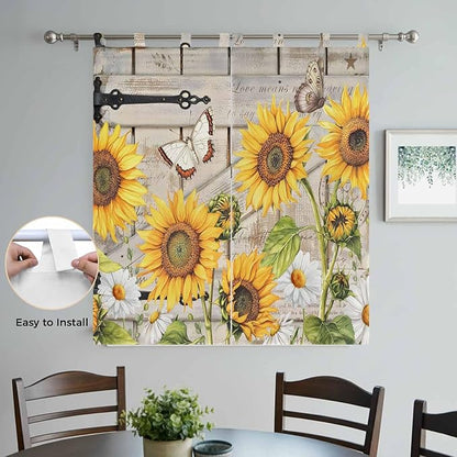 Farm Flowers Living Room Curtains 84 Inch Length, Window Curtains Tab Top, Retro Sunflowers Barn Doors Butterfly Wood Board Light Filtering Window Treatments Drapes 42"x84" 2 Panel
