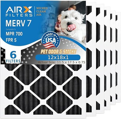 AIRX FILTERS WICKED CLEAN AIR. 12x18x1 Air Filter Odor Eliminator Carbon Filter MERV 7 AC HVAC Furnace Filters 6 Pack