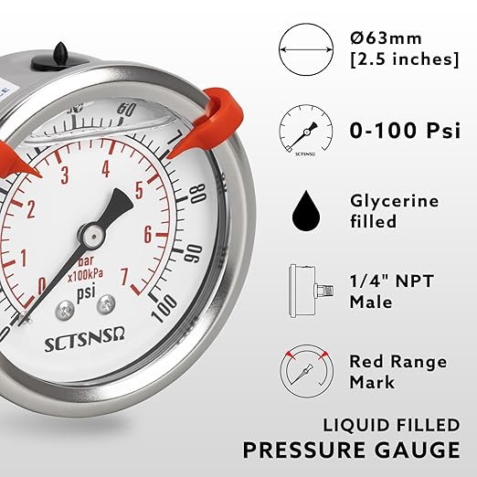 0 to 100 Psi Pressure Gauge, Glycerin Liquid Filled, 2.5 inch Dial, 1/4" NPT Back Mount, Stainless Steel Case, for Water Pump, Pneumatic Air, Well Tank, RV Hose, Gas, Low Pressure Test