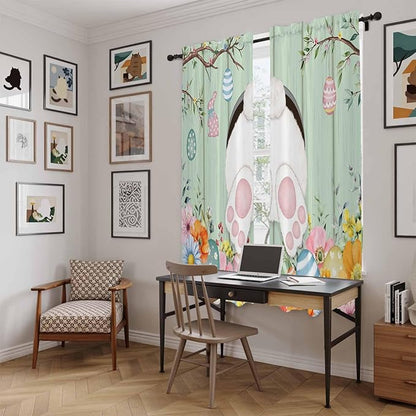 Easter Window Curtains 72 Inch Long 2 Panel Set, Rod Pocket Long Curtains & Drapes, Spring Watercolor Bunny Eggs Wooden Grain Green Light Filtering Window Treatment for Bedroom Living Room 52"W x 72"L
