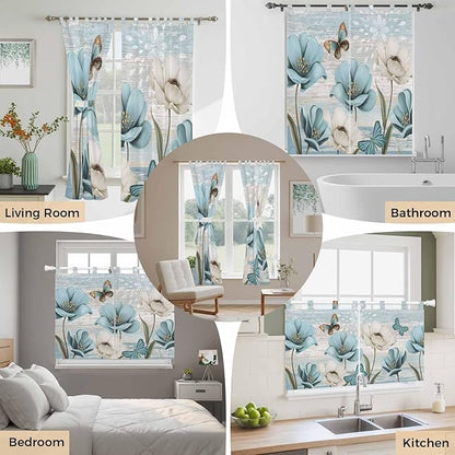 Spring Floral Kitchen Curtains 45 Inch Length, Short Cafe Window Curtains Tab Top, Vintage Tulips Flower Butterfly Retro Wood Blue Light Filtering Window Treatments Tier Drapes 27.5"x45" 2 Panel