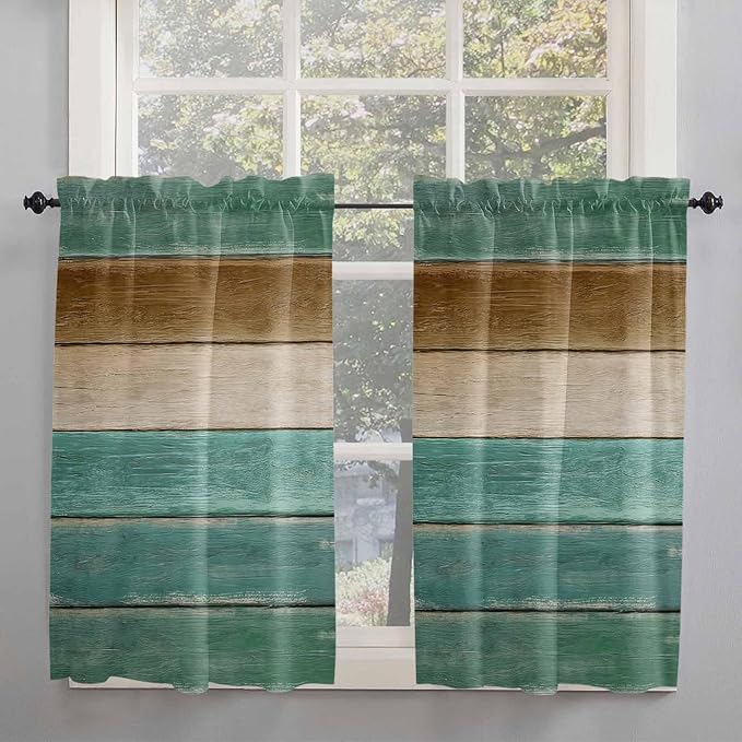 Vintage Plank Turquoise Brown Window Valance Curtains, Farmhouse Wood Grain Light Filtering Kitchen Valance with 3-inch Rod Pocket for Living Room Bathroom Bedroom,2 Panel,42x45In