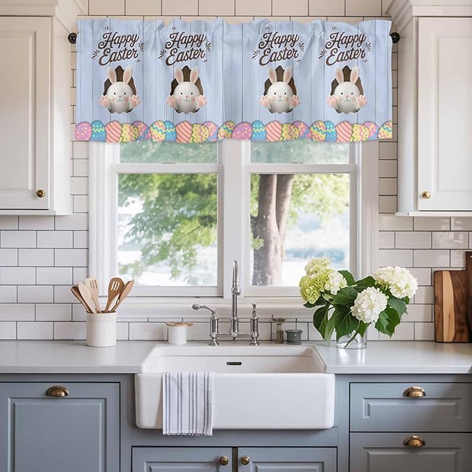 Blue Easter Curtain Valances for Windows, Kitchen Valance Window Treatment, Spring Cartoon Bunny Colorful Eggs Wood Grain Light Filtering Block Curtains for Bathroom/Bedroom/Living Room 60'' x 18''