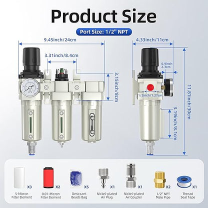 1/2" NPT Air Compressor Water Separator, Industrial Grade 3 Stage Air Drying System with 0-240 PSI Air Regulator, Particulate Filter, Coalescing Filter, Desiccant Dryer, Metal Bowl, Auto Drain