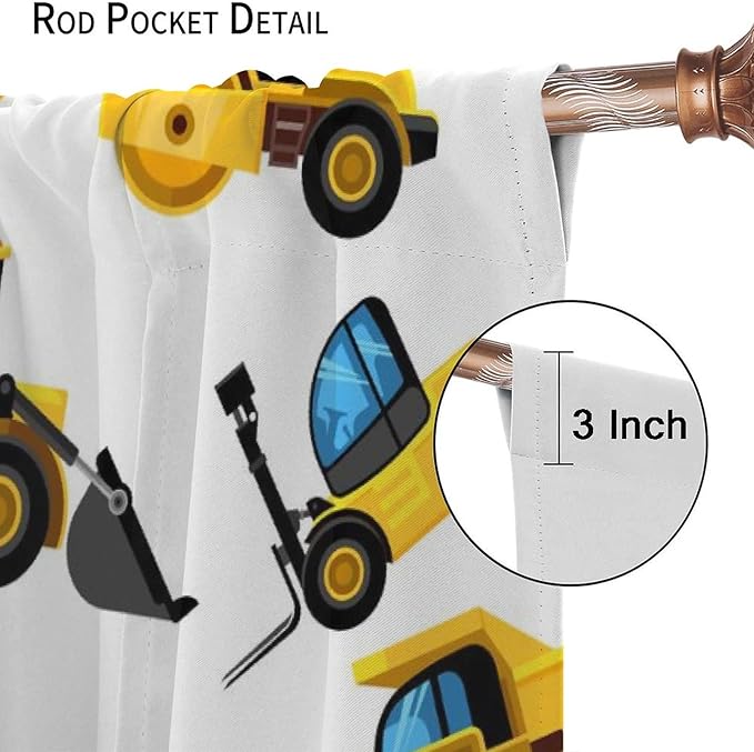 Kids Construction Equipment Window Curtains, Excavator Tractor Tow Truck Rod Pocket Decorative Windows Curtain for Children Teens Boys Girls Room Decor 55x63in (30% Blackout)