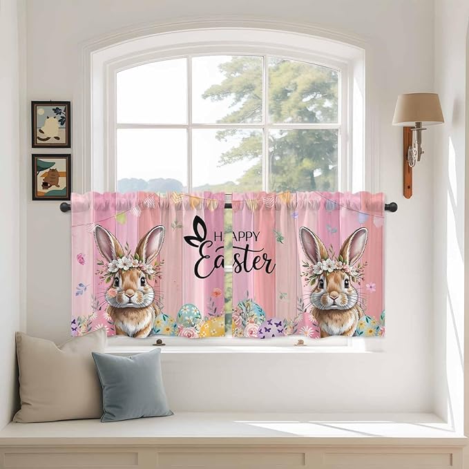 Easter Tier Curtains, Spring Rabbit Eggs Flowers Flags Leaves Wood Grain Light Filtering Kitchen Curtains, 2Pcs Rod Pocket Half Window Treatments Panels for Sink Cafe Cabinet Camper 27.5x24 Inches
