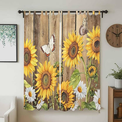 Farmhouse Sunflowers Living Room Curtains 96 Inch Length, Window Curtains Tab Top, Rustic Floral Buttterfly Wood Board Brown Light Filtering Window Treatments Drapes 52"x96" 2 Panel