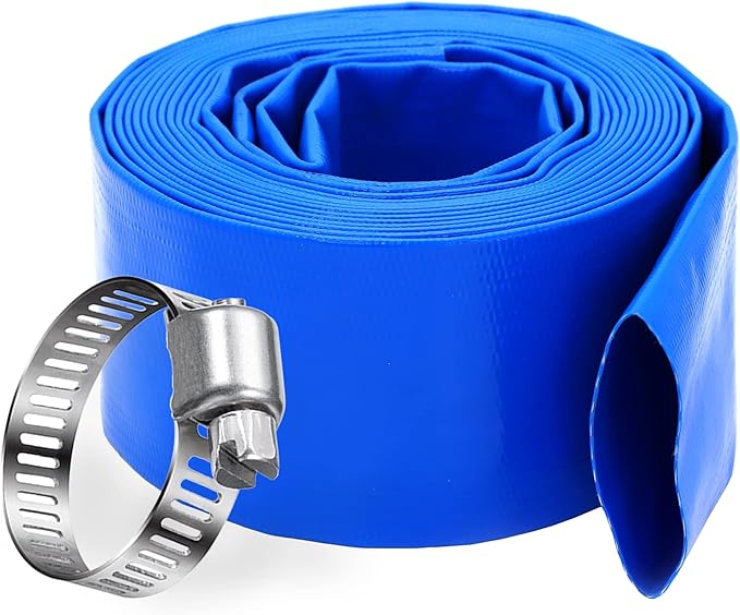 DAVCO 2.5" x 100 ft Pool Backwash Hose, Heavy Duty Reinforced Blue PVC Lay Flat Water Discharge Pump Hoses For Swimming Drain Pools and Clean Filters,with 1 Clamp