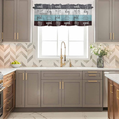 Laundry Rules Valances for Windows, Retro Blue White Wood Board Grain Kitchen Valance Light Filtering Rod Pocket Short Curtains for Kitchen Bathroom, 1 Panel, 56"x16"