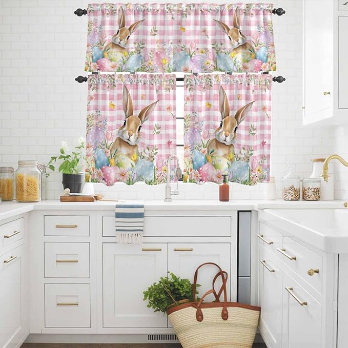 Kitchen Curtains Tiers and Valance Set of 3, Easter Light Filtering Window Curtain Set, Spring Rabbit Eggs Nature Botanicals Pink Plaid Rod Pocket Curtain Drapes for Cafe, Living Room, 24 Inches Tiers