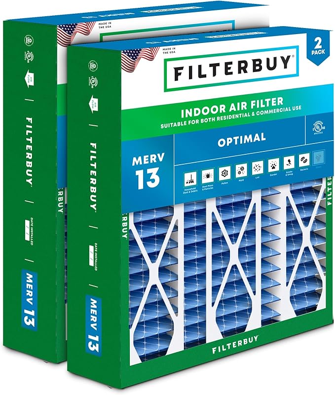 Filterbuy 20x25.25x3.5 Air Filter MERV 13 Optimal Smoke & Allergy Defense (2-Pack), Pleated HVAC AC Furnace Filters for AprilAire Space-Gard 102 & 2120 (Actual Size: 19.94 x 25.38 x 3.75)