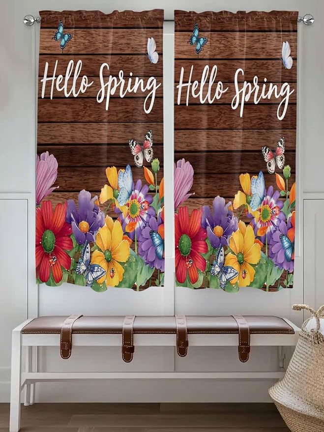 Spring Flowers Living Room Curtains 72 Inches length, Watercolor Farmhouse Colorful Wooden Grain Window Treatment Curtain Drapes, Light Filtering Drapes for Bedroom Laundry Room, 52"x72", 2 Panels