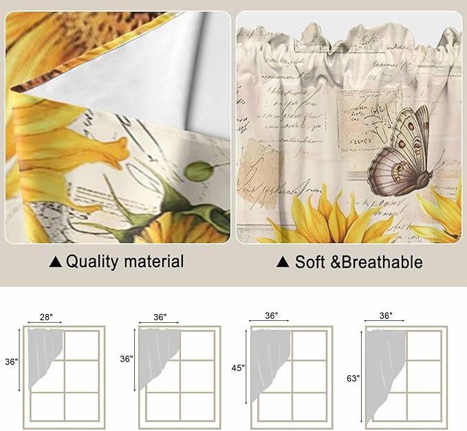 Yellow Sunflowers Swag Valances for Windows, Country Farm Butterfly Flower Light Beige Rod Pocket Kitchen Curtains Valance, Small Window Curtains Swag for Cafe Living Room, 2 Panels, 28x36 inch