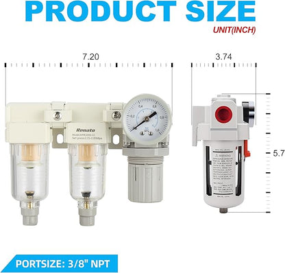 1/4" NPT Three Stage Air Drying System - 5 Micron Particulate Filter Air Pressure Regulator Combo - 0-125psi Gauge, Semi-Auto Drain, Metal Bracket
