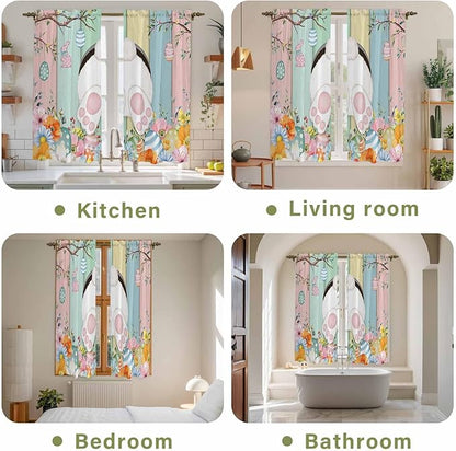 Easter Window Curtains 63 Inch Long 2 Panel Set, Rod Pocket Bedroom Curtains & Drapes, Spring Colorful Bunny Eggs Flower Wood Grain Light Filtering Window Treatment for Living Room 42"W x 63"L
