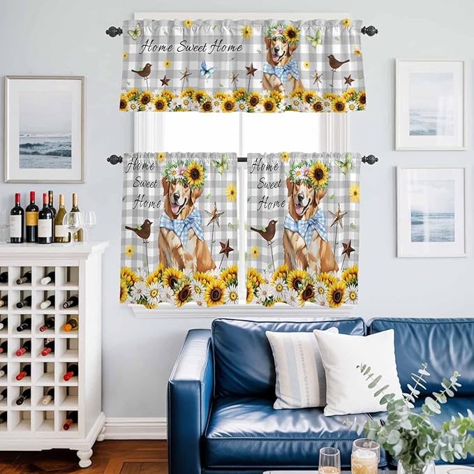 Kitchen Curtains Tiers and Valance Set of 3, Sunflowers Dog Light Filtering Window Curtain Set, Spring Watercolor Floral Stars Grey Plaid Rod Pocket Curtain Drapes for Living Room, 36 Inches Tiers