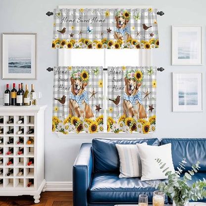 Kitchen Curtains Tiers and Valance Set of 3, Sunflowers Dog Light Filtering Window Curtain Set, Spring Watercolor Floral Stars Grey Plaid Rod Pocket Curtain Drapes for Living Room, 36 Inches Tiers