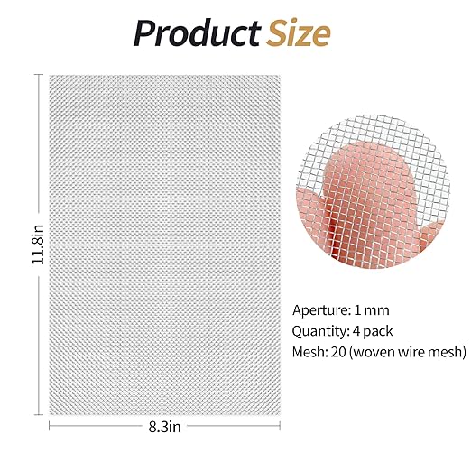 4 Pack 304 Wire Mesh Screen,11.8"X8.2" Heat-Resisting Metal Mesh, 20 Mesh Stainless Steel Mesh,Durable and Rustproof for Ventilation, Filtration, and Pest Filters