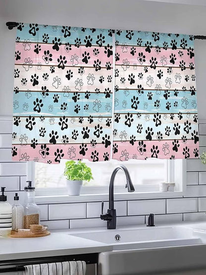Sheer Curtains 54 Inch Length, Blue Pink Dog Paws Prints Semi Sheer Curtains Light Filtering Window Treatment, Farmhouse Beige Wood Privacy Voile Drapes for Living Room Bedroom 52x54 Inch