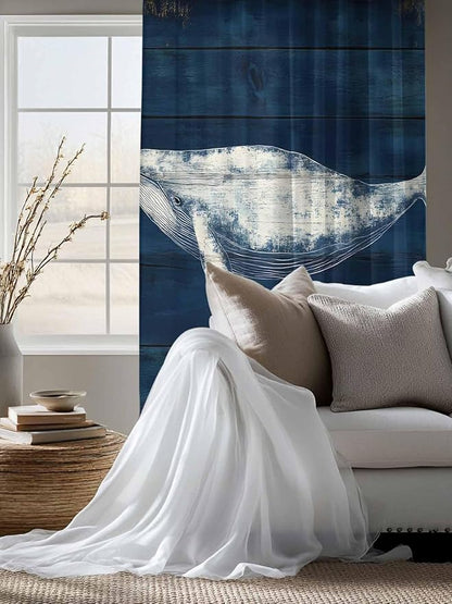 Sheer Curtains 72 Inches Long, Summer Whale Semi Sheer Curtains Light Filtering Window Treatment, Ocean Watercolor Wooden Grain Blue Privacy Voile Drapes for Living Room Bedroom 52x72 Inch