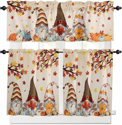 Fall Kitchen Curtain Set, Orange Pumpkins Thanksgiving Gnomes Autumn Maple Leaf Window Valance and Tiers 24" Length, Light Filtering Short Curtains Valance for Cafe Bathroom Bedroom 54"x18"