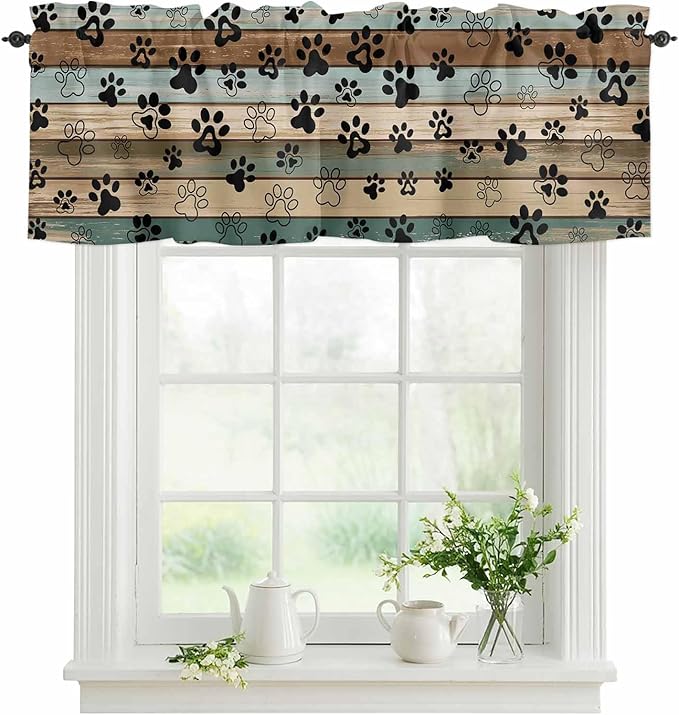 Dog Paws Valance Curtains for Kitchen, Teal Brown Wood Grain Privacy Rod Pocket Valance Curtain, Light-Filtering Window Treatment for Bedroom Bathroom, 42"x18"