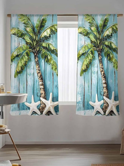 Sheer Curtains 72 Inches Long, Coastal Beach Starfish Semi Sheer Curtains Light Filtering Window Treatment, Blue Green Tropical Palm Tree Wood Grain Privacy Voile Drapes for Living Room 52x72 Inch