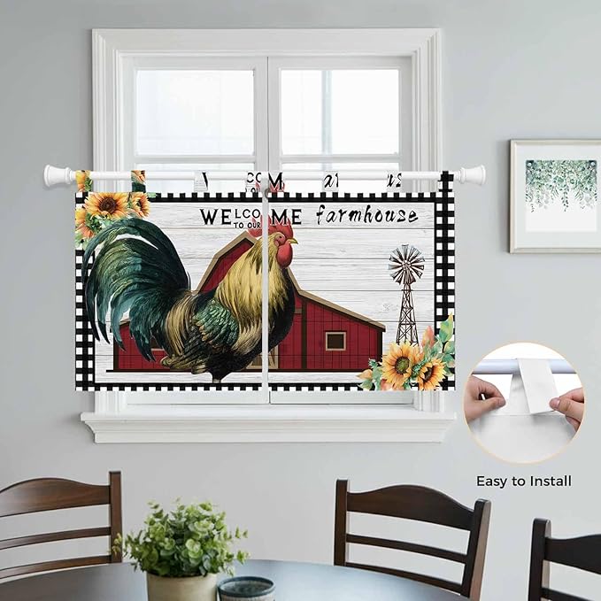 Farmhouse Rooster Kitchen Curtains 36 Inch Length, Small Window Curtains Tab Top, Rustic Red Barn Windmill Sunflowers Light Filtering Short Window Treatments Tier Drapes 27.5"x36" 2 Panel