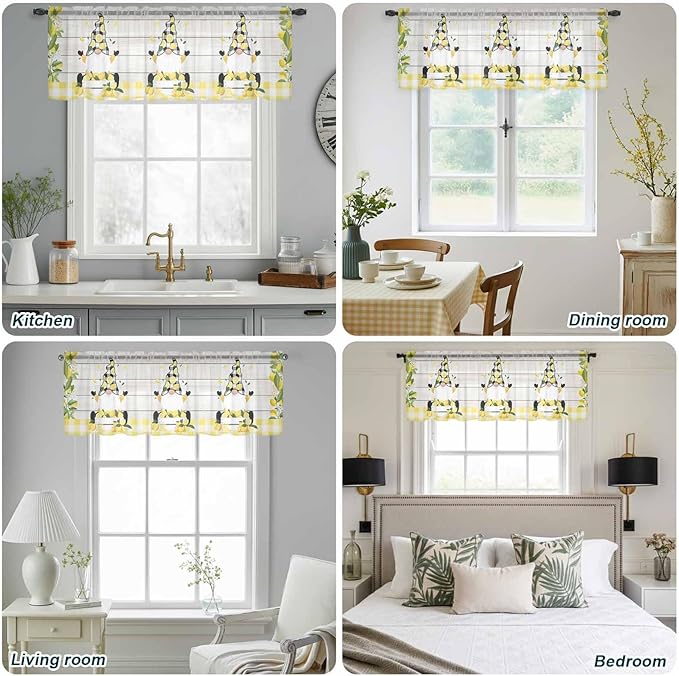 Lemon Dwarfs Sheer Valance Curtains, Gnome Green Leaf Wood Striped Black Plaid Light Filtering Kitchen Valances Rod Pocket Voile Curtain Window Treatment for Bedroom/Living Room/Basement 54Wx18L