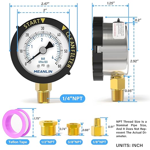 MEANLIN MEASURE 0~60Psi Stainless Steel Start and Clean Filter Pressure Gauge 1/4" NPT Waterproof for Pool Filter Pump Swimming Pool, Spa Lower Mount with Rotatable Plastic Frame and Hex Bushing