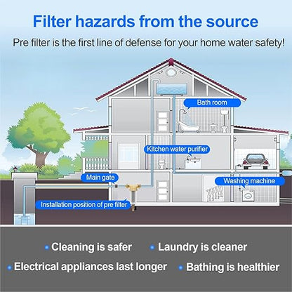 Whole House Spin Down Sediment Water Filter, 40 Micron, Reusable and Flushable Prefilter, 1" MNPT + 3/4" FNPT + 3/4" MNPT for City/Well Water, Lead-Free Brass, BPA-Free